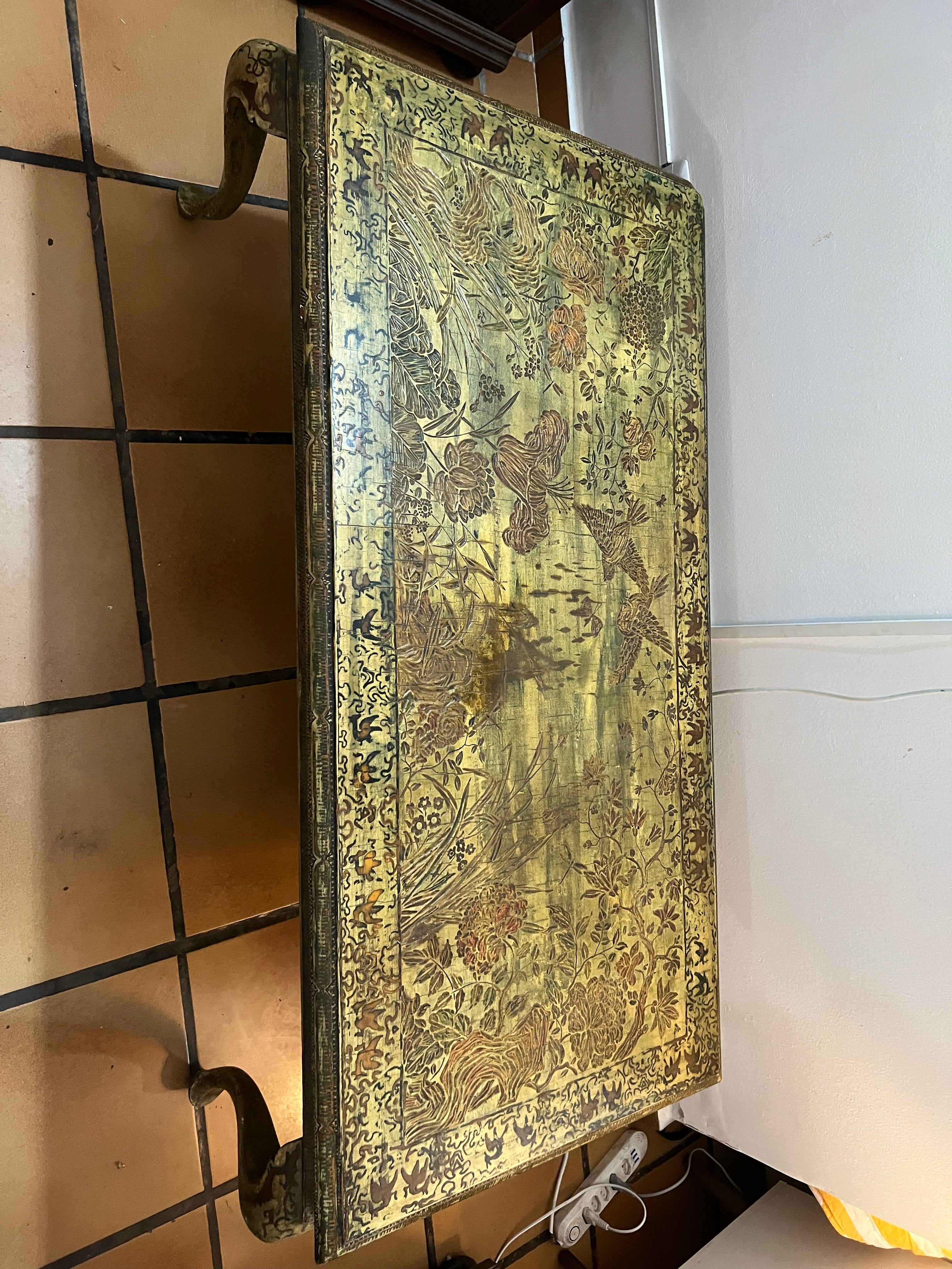 Mesa de Centro Retangular Antiga Oriental Estilo Chinoiserie com flores e pássaros 