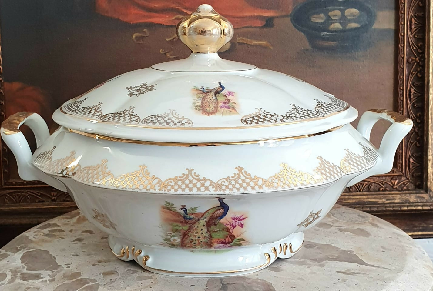 Conjunto em porcelana Real para sopa, 12 peças, anos 40, maravilhoso, Aves do Paraíso. Impecável!