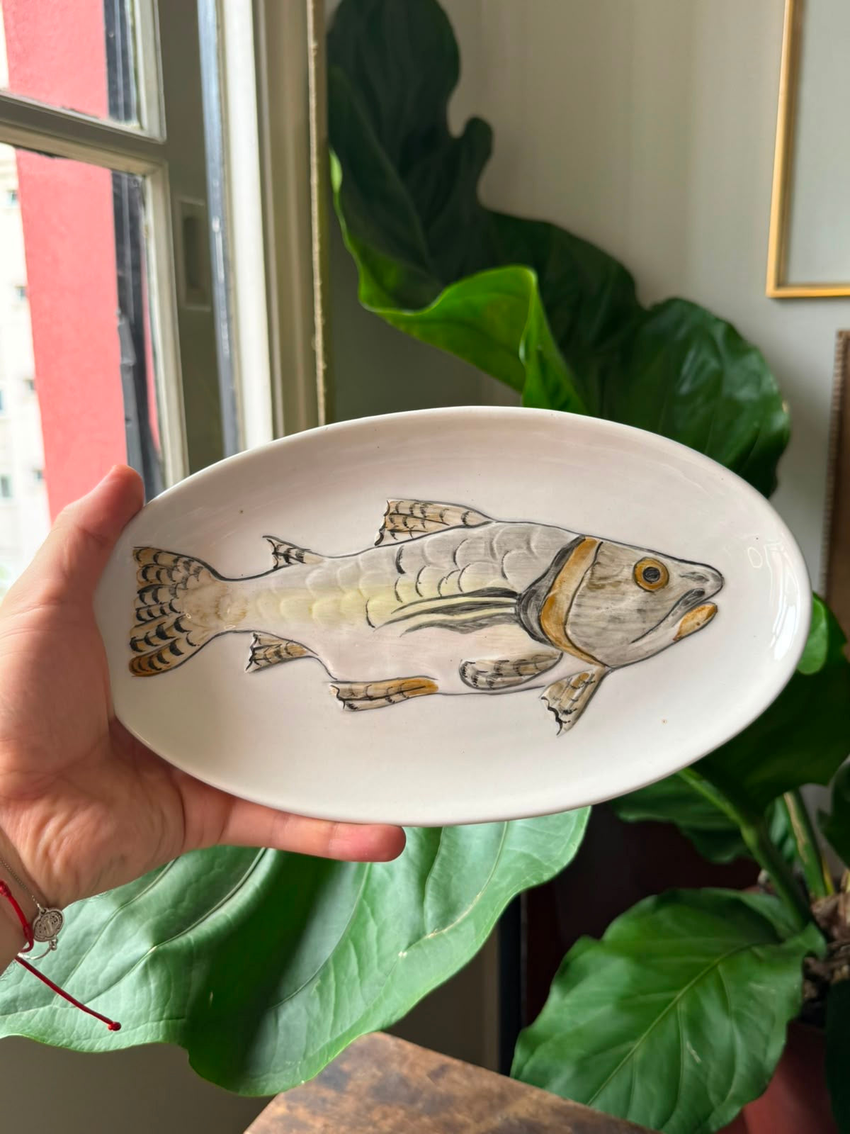 Trio de pratos / travessas ovais em Faiança com pintura manual de Peixes