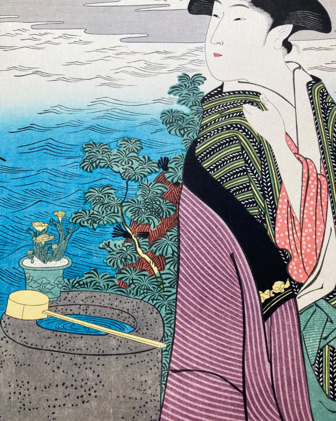 Xilogravura japonesa (Ukiyo-e) de Eishosai Choki "Primeiro nascer do sol do Ano Novo" (Hatsuhinode) - Autêntica