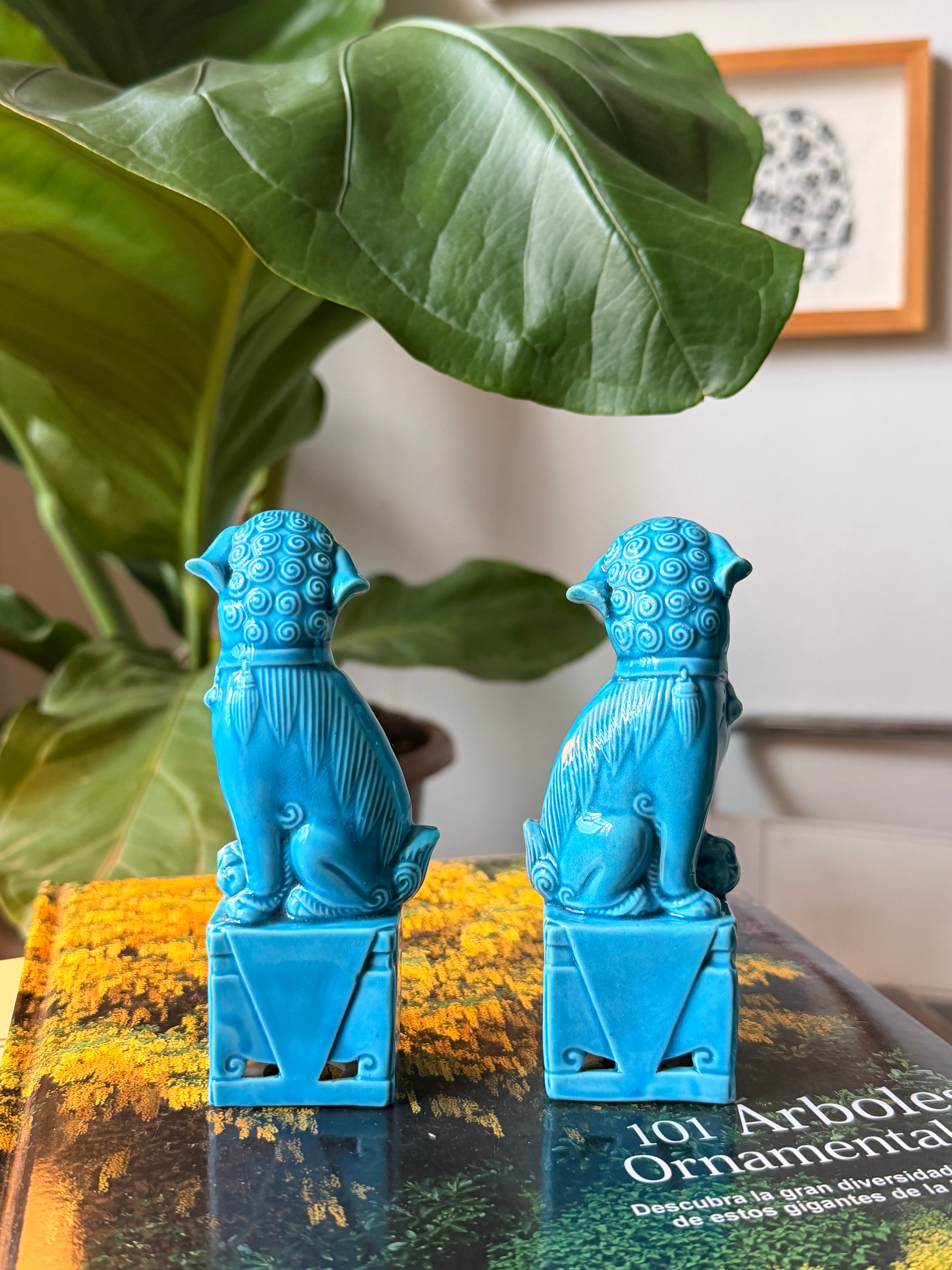 Par Leões de Fo Azul Turquesa Vintage Chinoiseri
