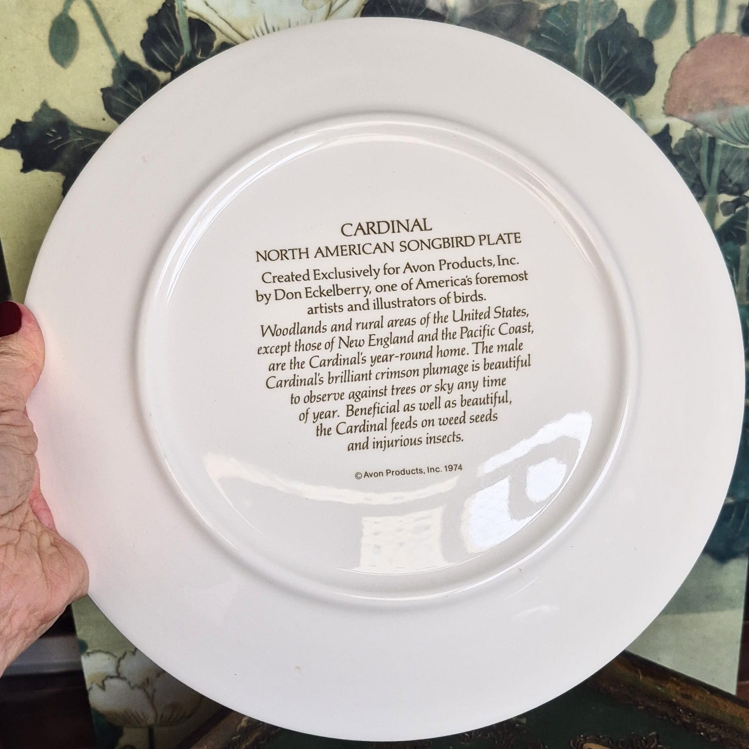  Prato decorativo maravilhoso da Avon, lançado em 1974, integrante da série "North American Songbird", modelo Cardeal Vermelho (pássaro vermelho) 
