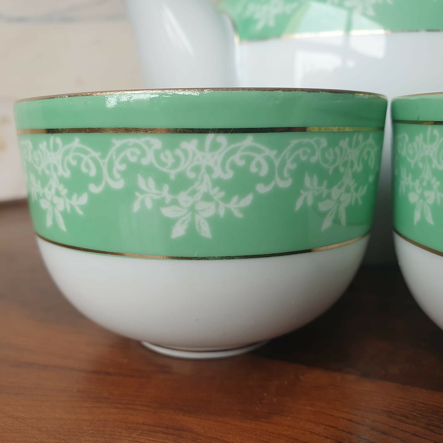 Conjunto de chá vintage porcelana Real, verde menta! Intacto.