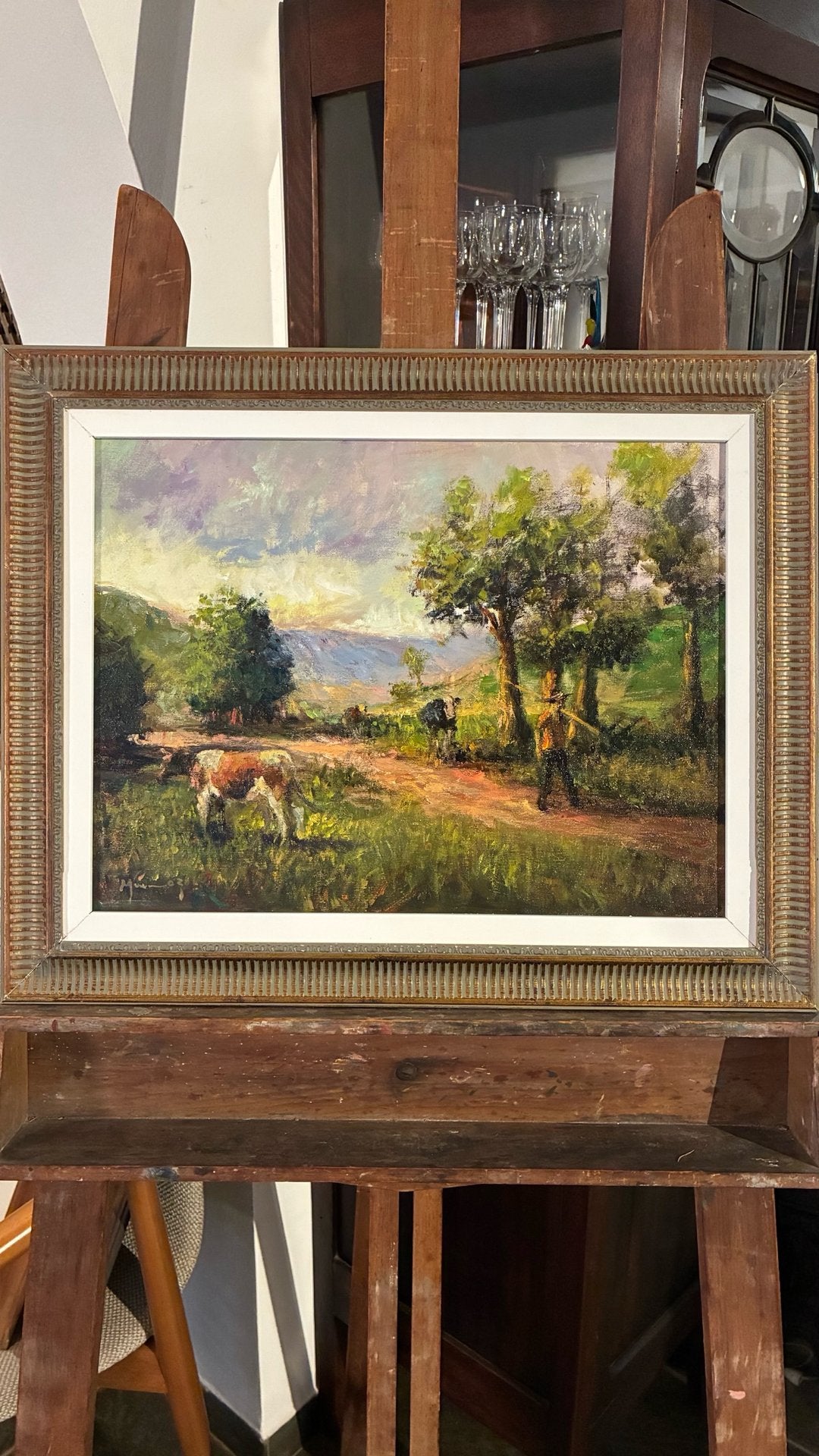 Quadro Óleo Sobre tela Paisagem Rural com Figuras e Gado