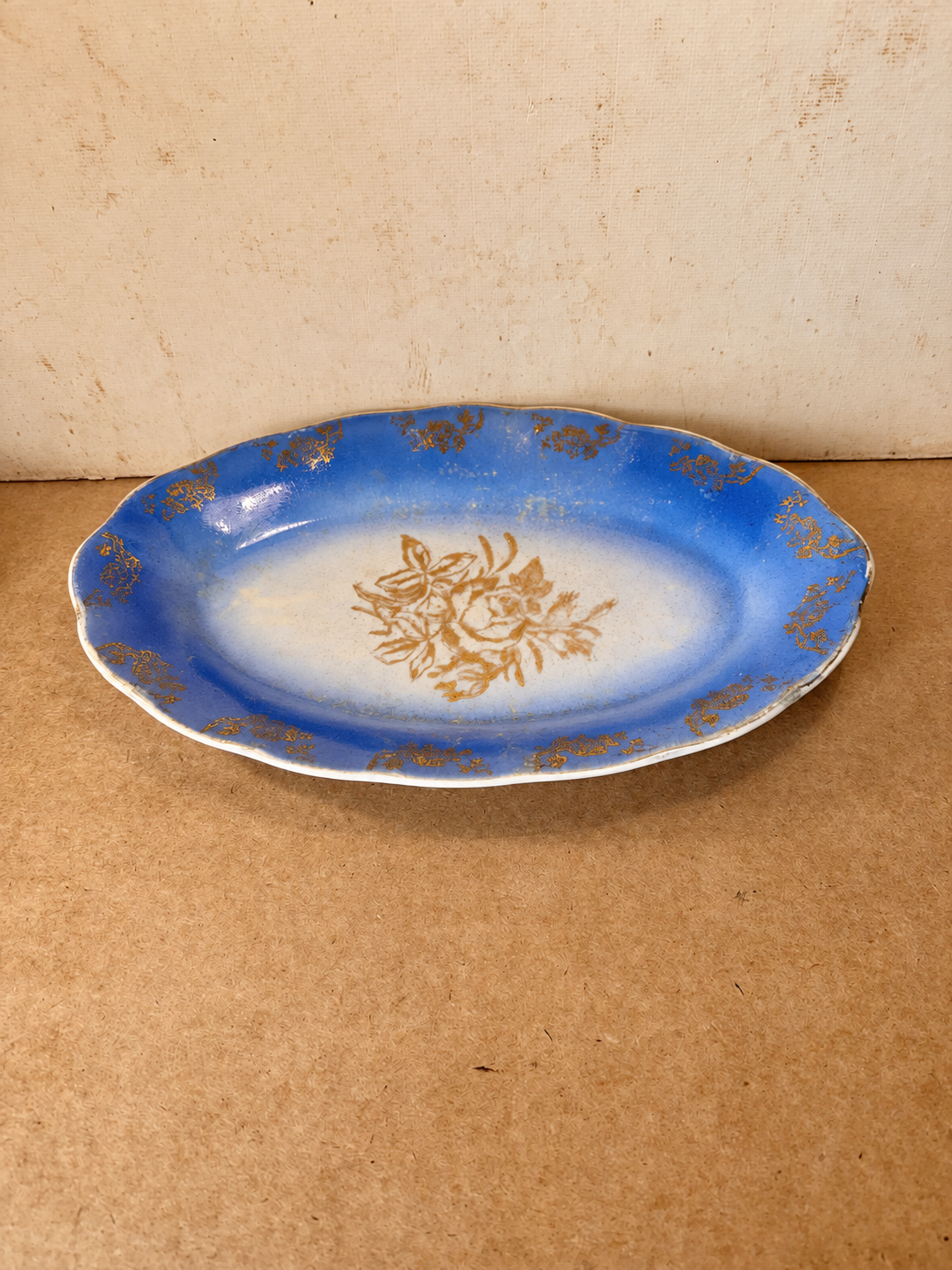 Travessa oval vintage em porcelana Barão do Rio Branco azul e dourada (DMCPS_658)