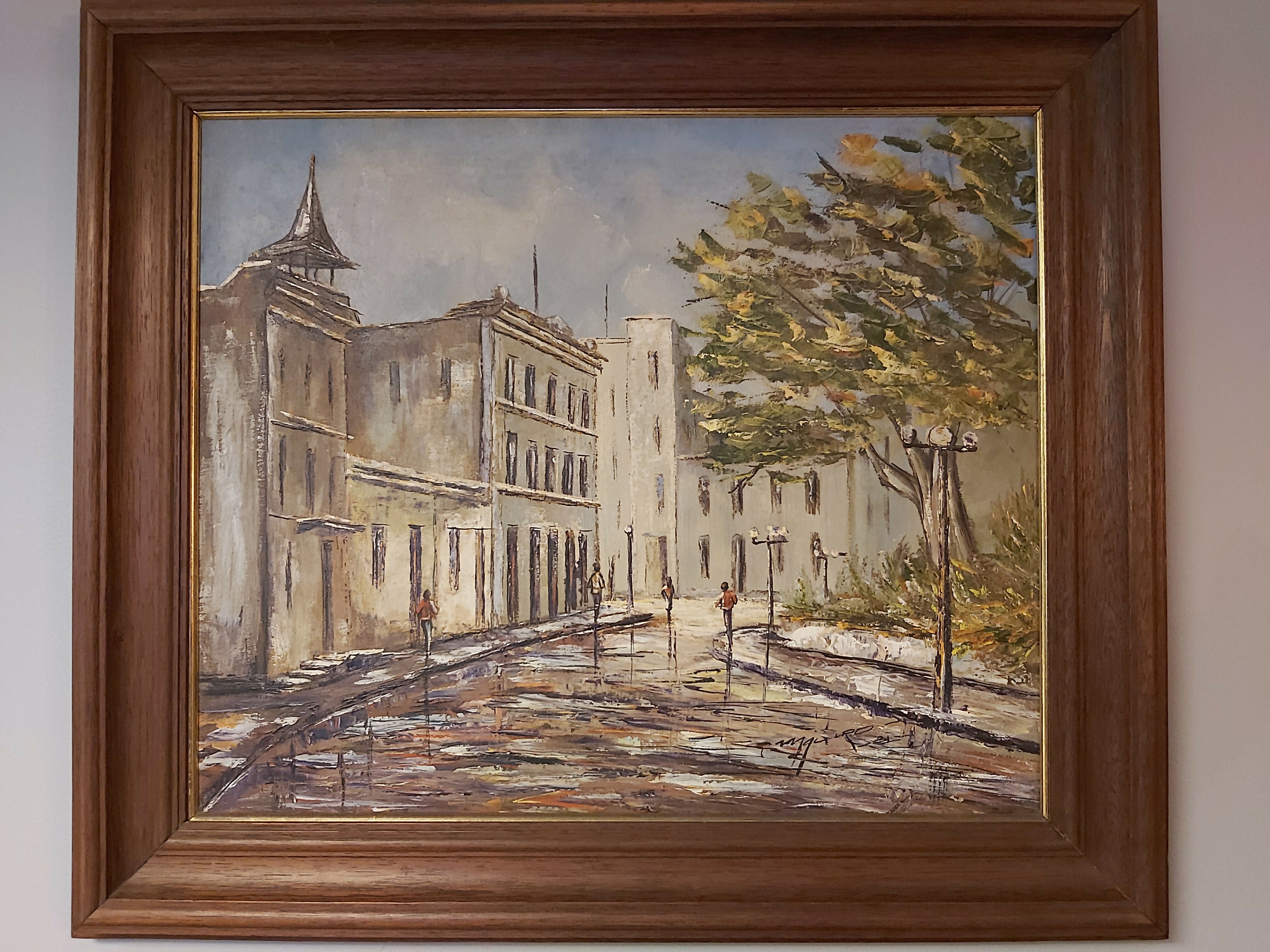 Quadro óleo sobre tela com paisagem urbana