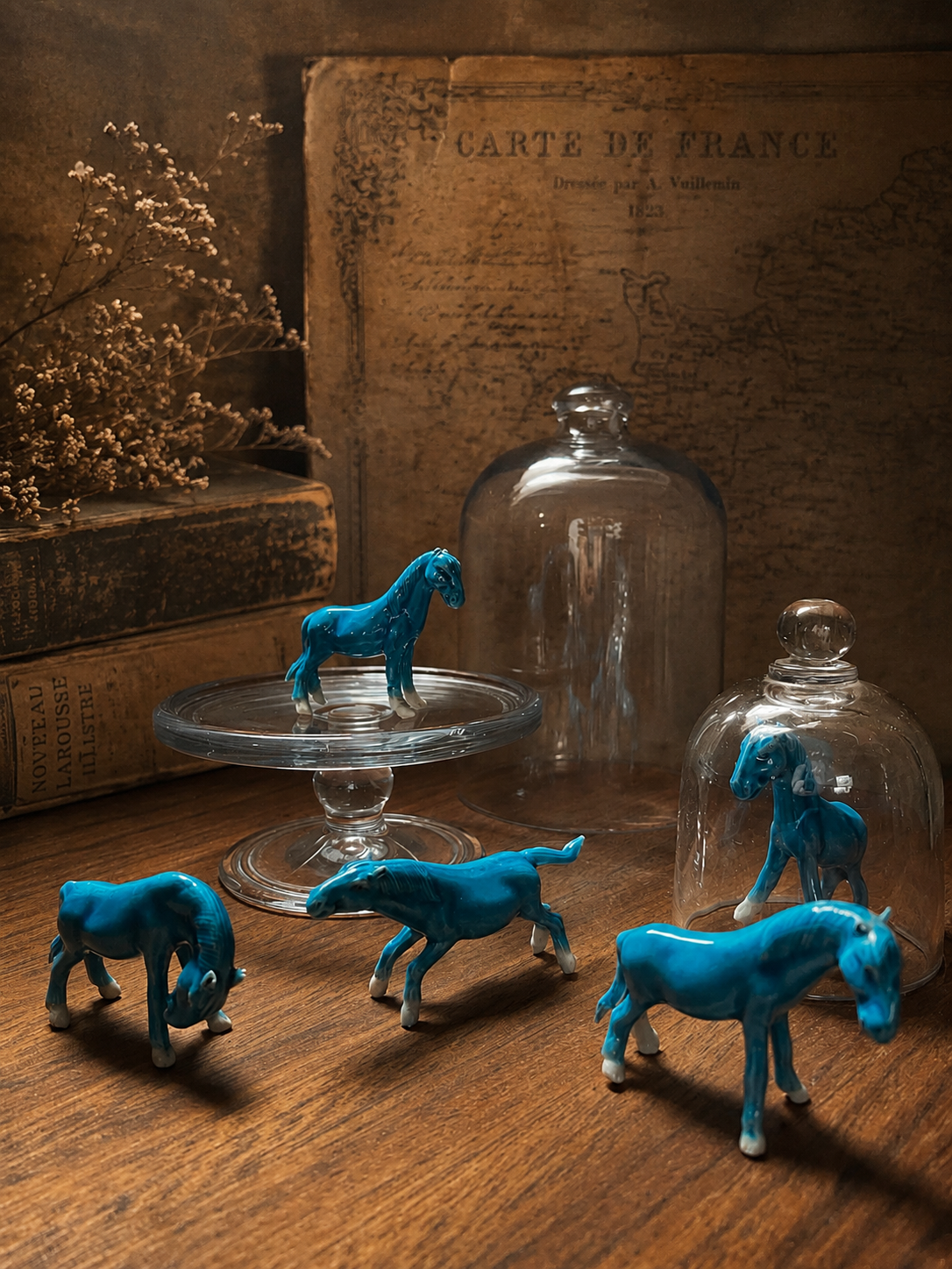 Miniatura Cavalinhos da Felicidade porcelana chinesa azul turquesa 