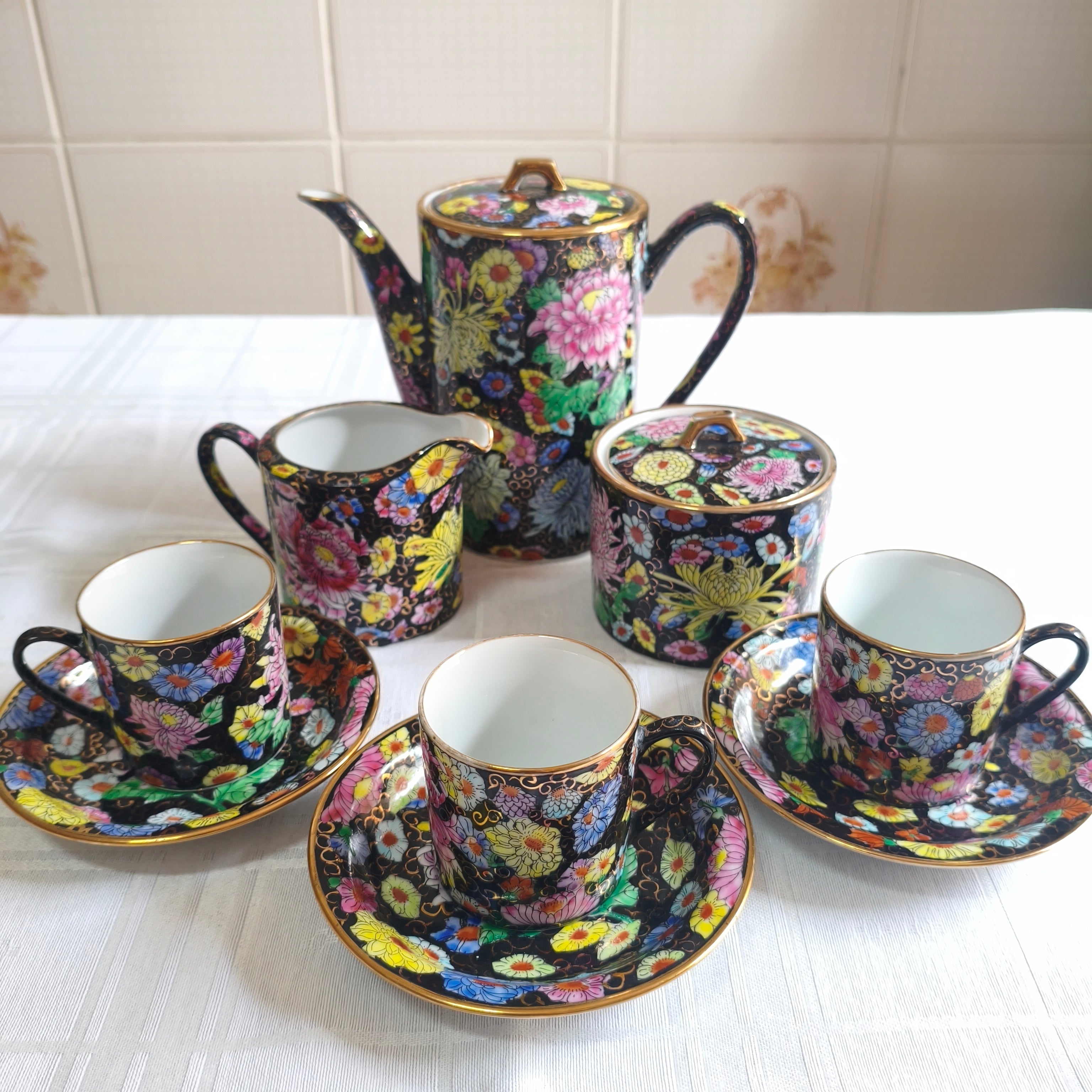 Jogo de café em porcelana chinesa pintado à mão