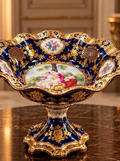 Centro de mesa em porcelana, com intenso azul-cobalto, exuberantes ornamentos dourados e delicadas pinturas policromadas de inspiração clássica.