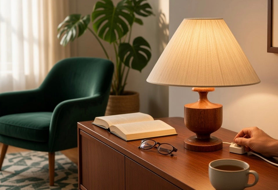Abajur de Mesa Vintage base de madeira torneada Anos 60/70 – Estilo Escandinavo / Mid-Century Modern
