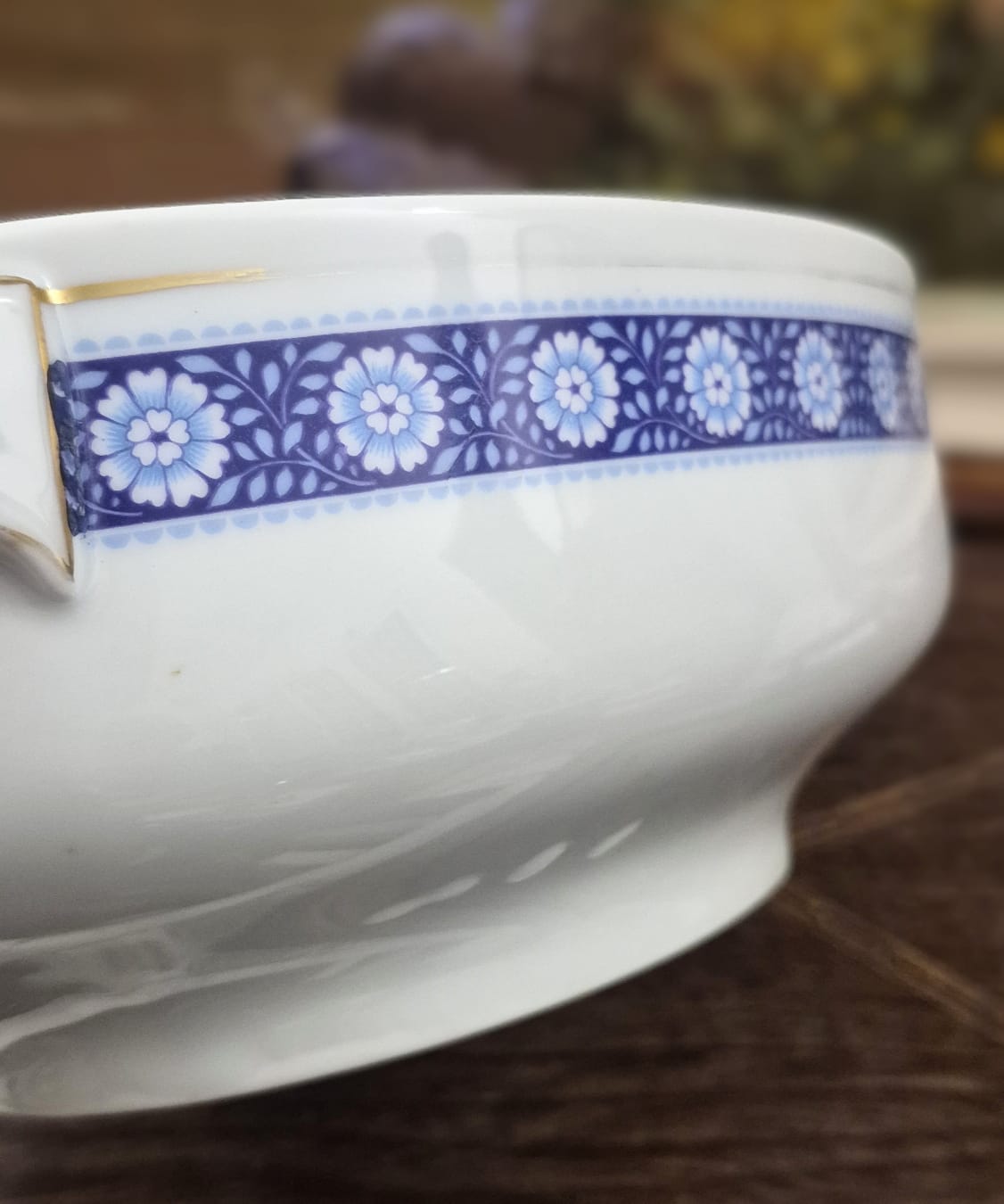  Sopeira oval vintage com detalhes em azul, anos 70, em porcelana alemã MS - Melitta Friesland