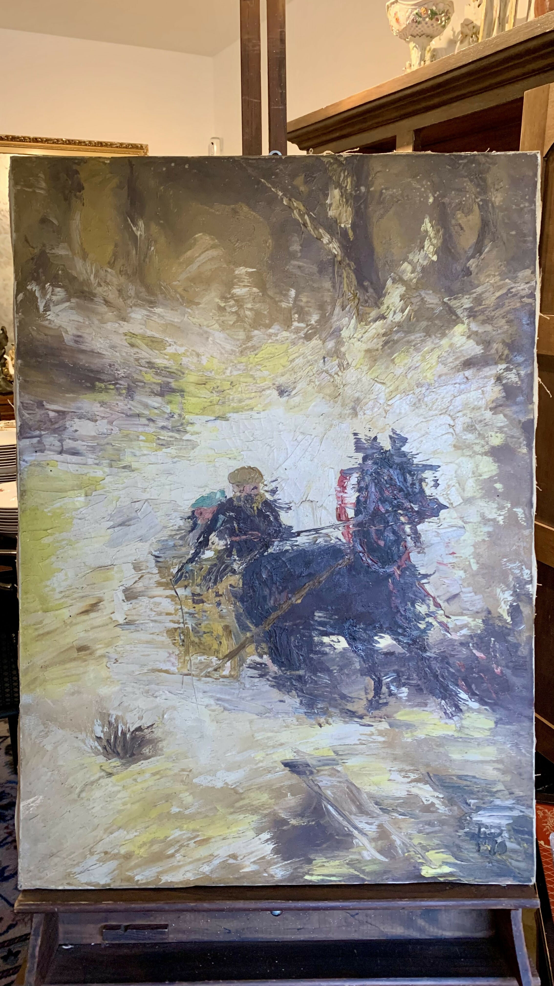 Quadro Óleo sobre Tela – Cena Equestre Assinada