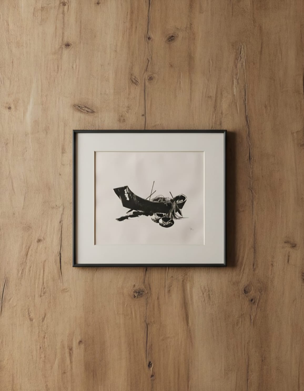 Quadro com Gravura em branco e preto retratando Barco de Pesca 