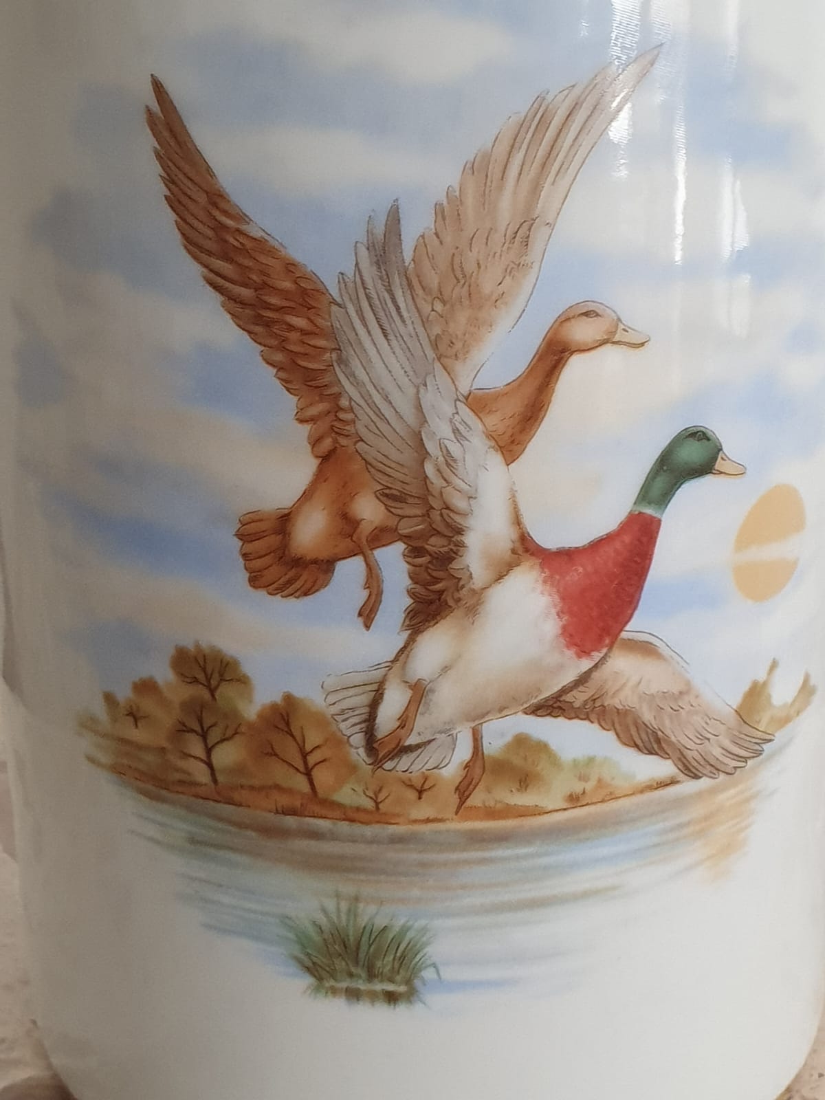  Vaso floreira em porcelana vintage nacional Vera Cruz, com lindos patos selvagens. Peça linda e conservada!
