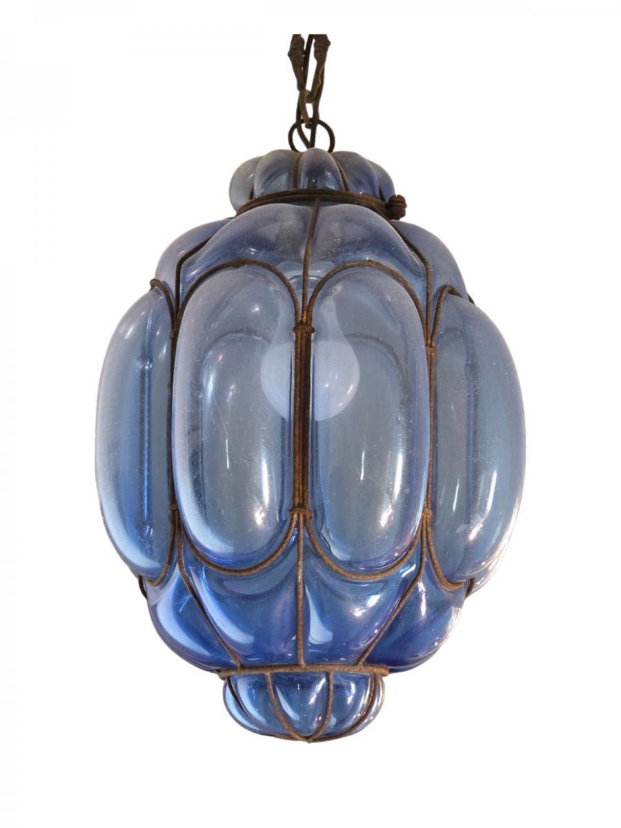 Grande Lustre Luminária Pendente Bombê Vidro Soprado Azul