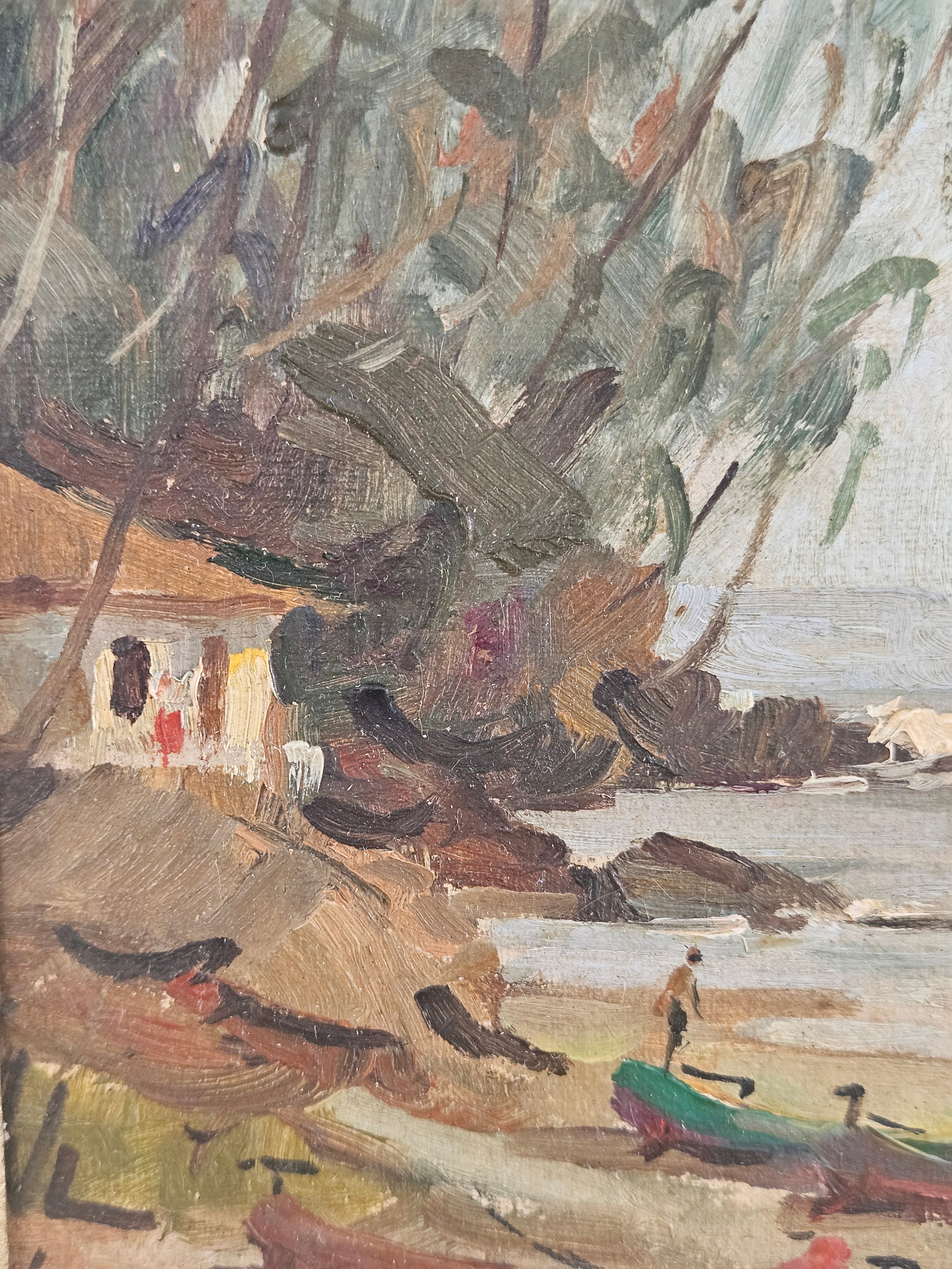 Quadro a Óleo de Djalma Urban (1982) - “Prainha” com moldura dourada 