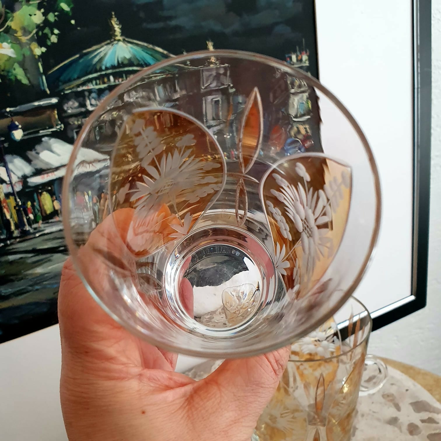 Maravilhoso conjunto vintage com 7 peças em demi cristal lapidado translúcido/âmbar. Incrível, anos 50/60, raro encontrar neste estado!