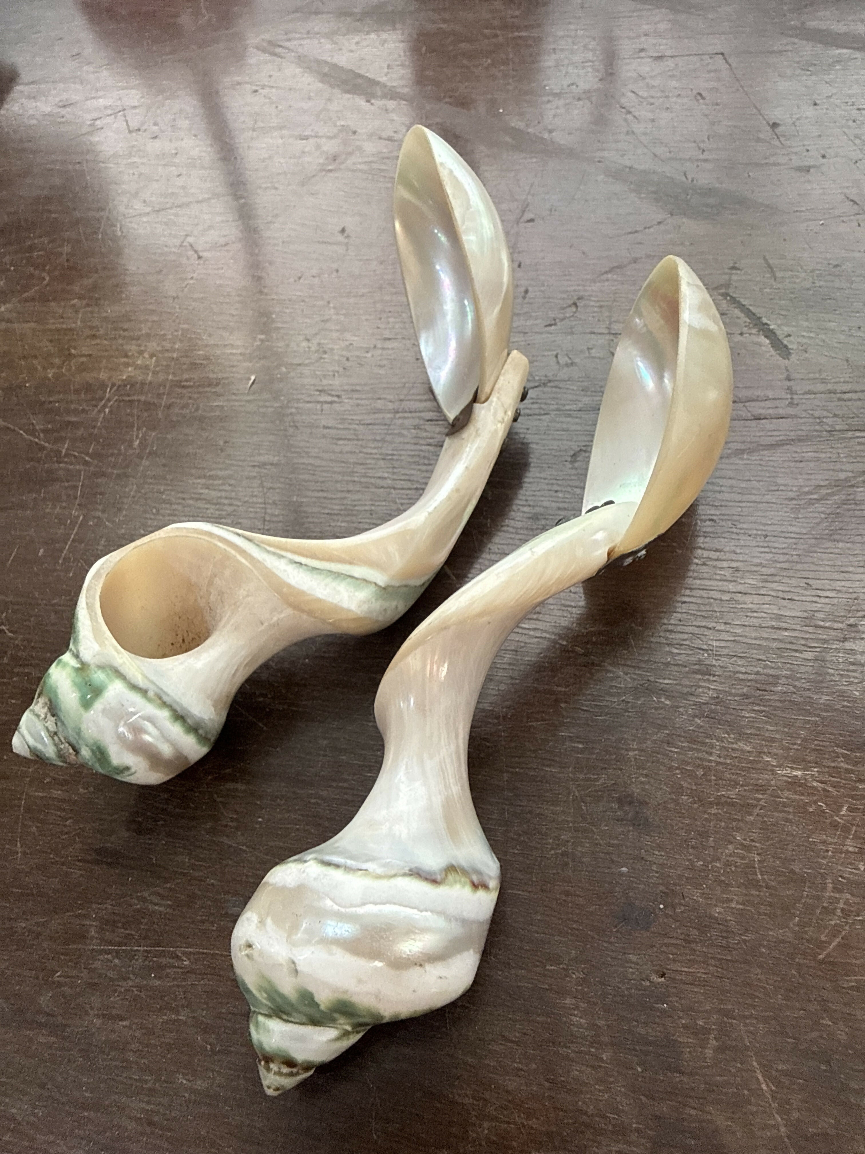 Colheres Esculturais em Madrepérola e Concha — Conjunto Vintage de Caráter Colecionável