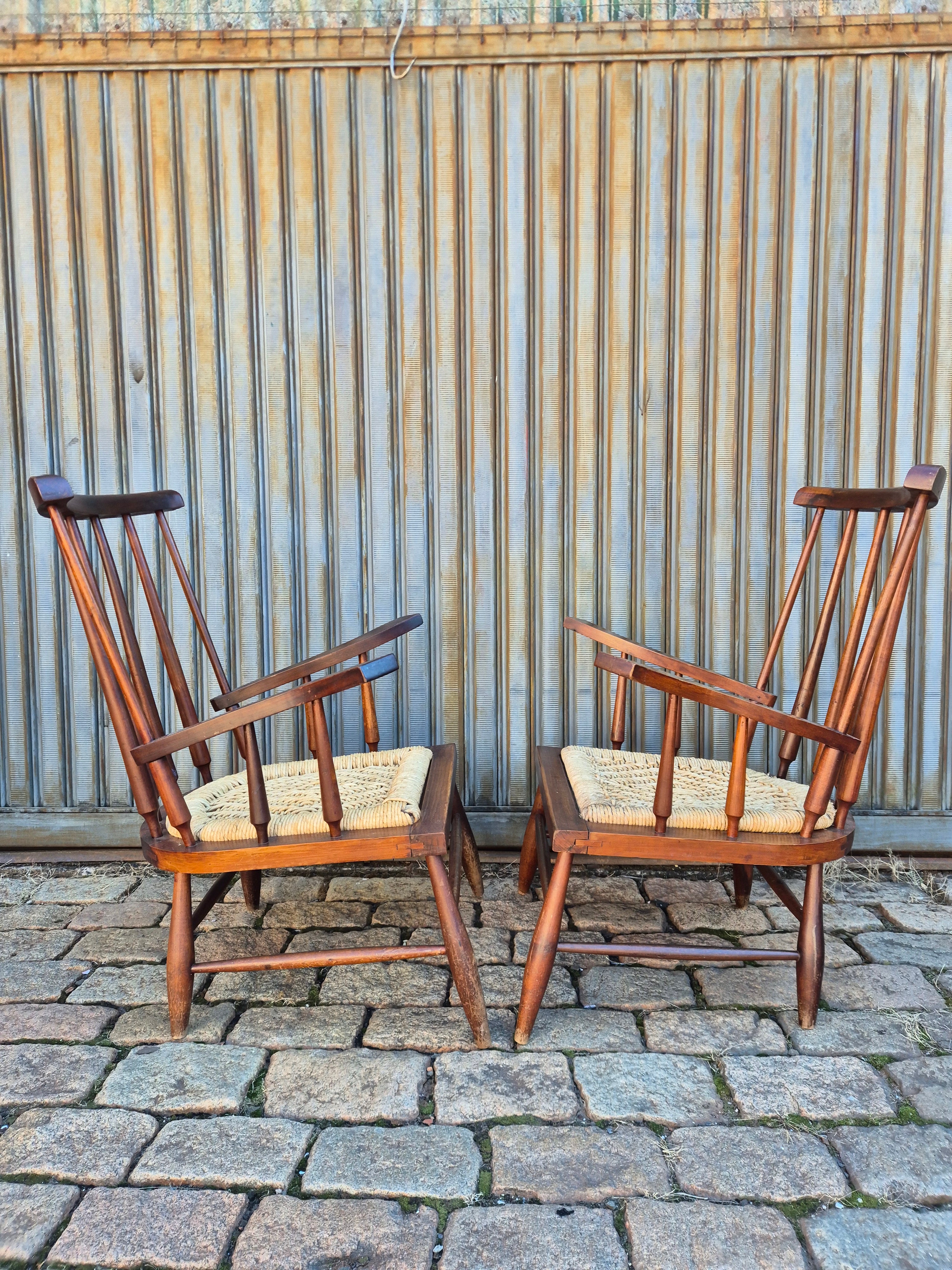 4 poltronas Country com madeira e palhinha 