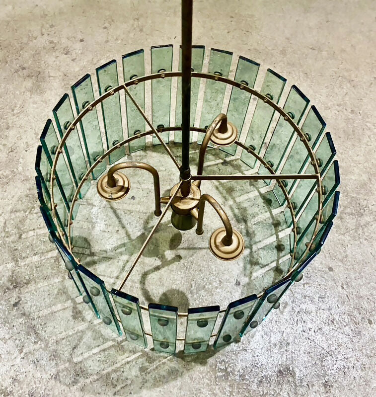 Lustre antigo - Mid Century com vidros lapidados azul esverdeados