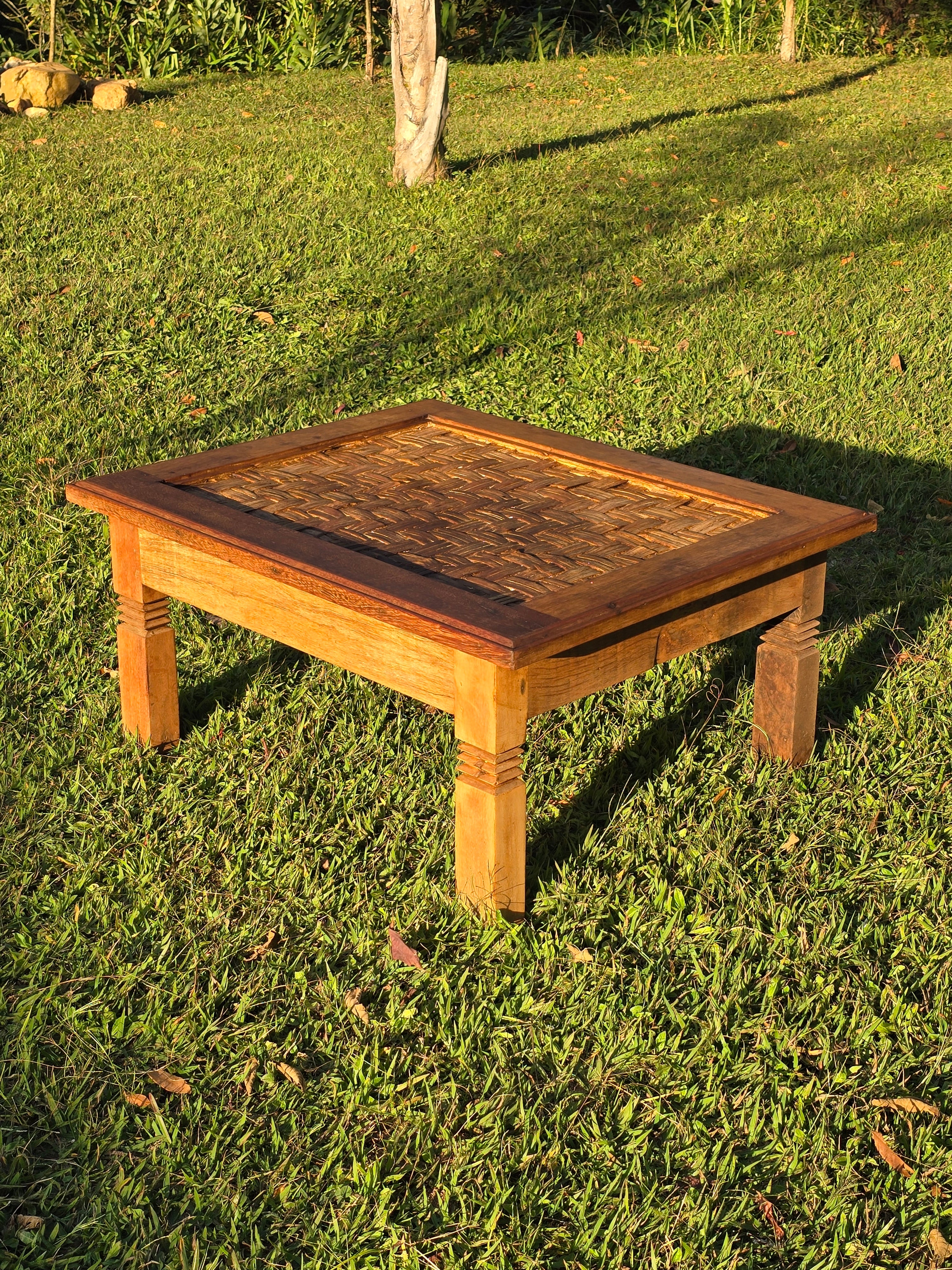 Mesa de Centro Suporte Para Vidro Esteira de Bambu Madeira Maciça